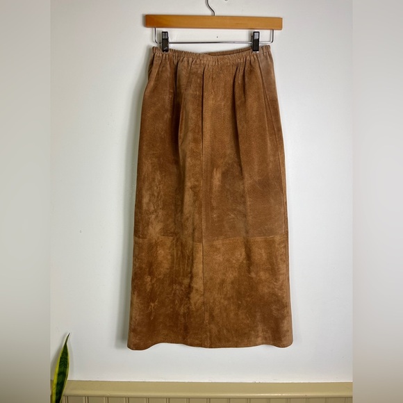 Vintage Camel Brown Suede Chic Maxi Skirt Elastic Waist Boho Casual Hippie S / M - Picture 12 of 13